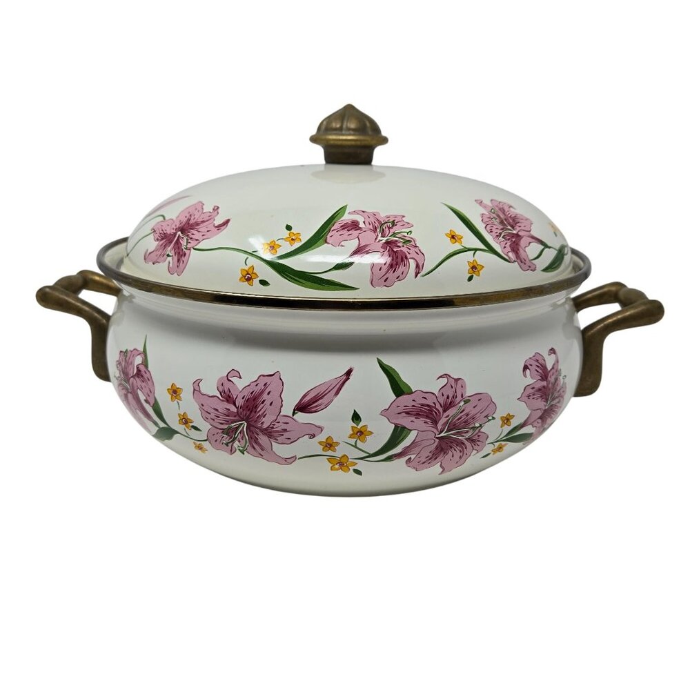 Vintage Normandy Taiwan Lily Floral Enamelware Casserole Dish With Lid & Brass H